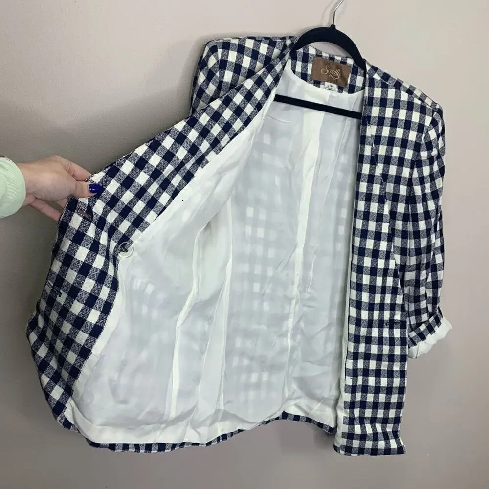 Saville Vintage double breast blazer jacket navy white gingham size 8 (J1)